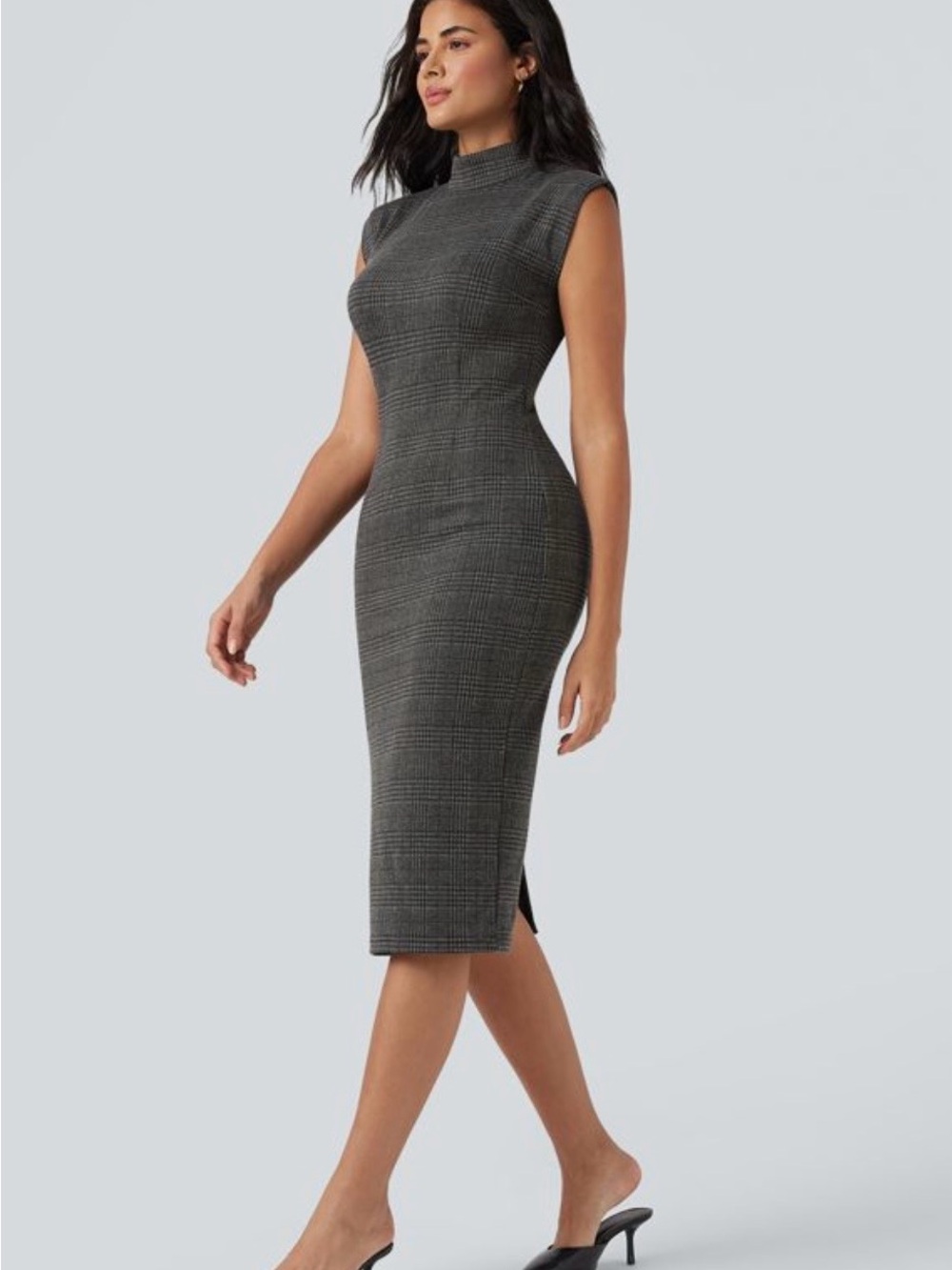 HALARA High Neck Sleeveless Bodycon Houndstooth Plaid Midi Work Dress - Picture 2 of 13